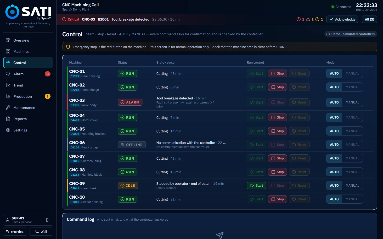 Control page with machine commands and the command log